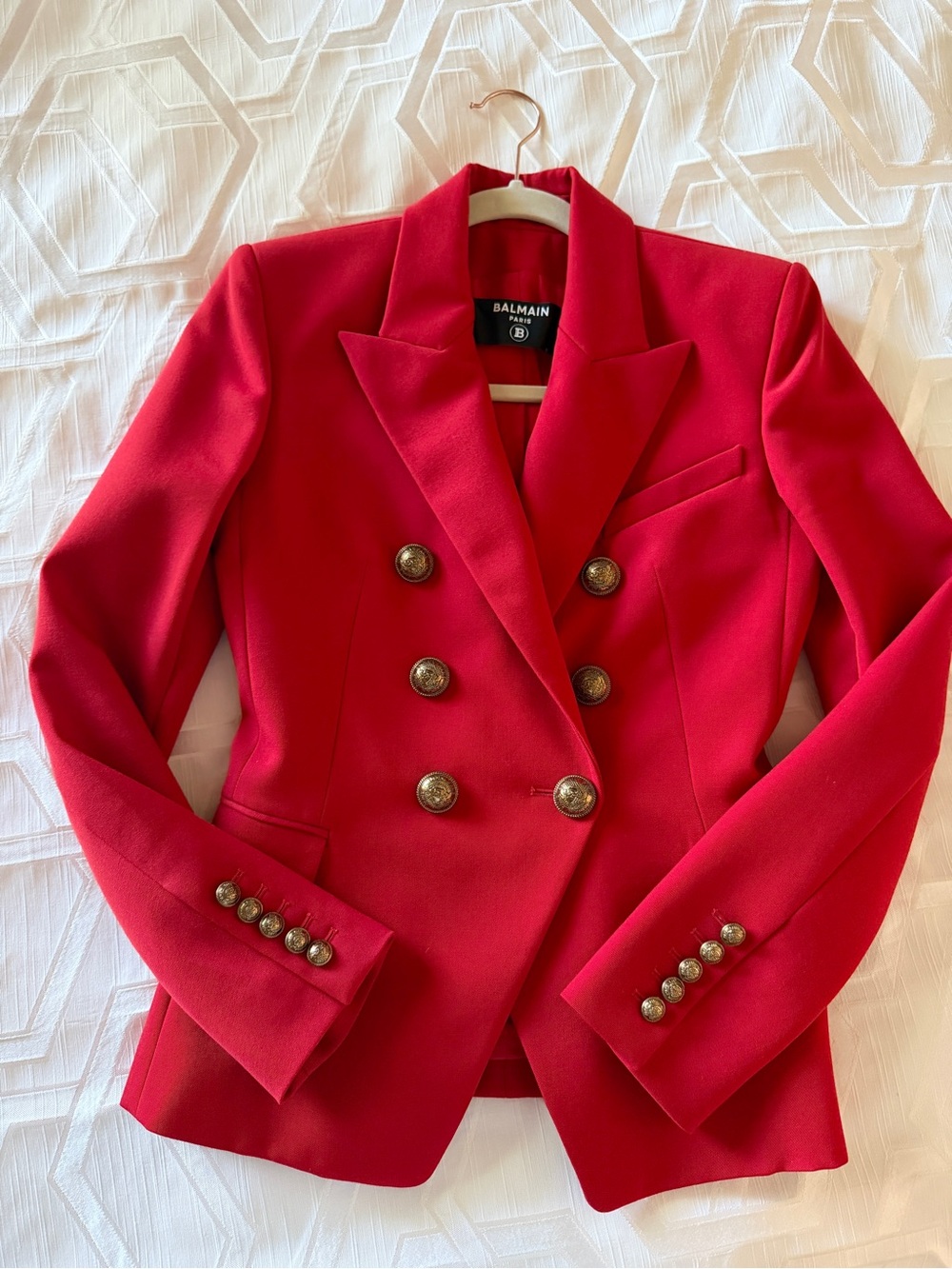 Balmain Red Double-Breasted Blazer with Gold Buttons